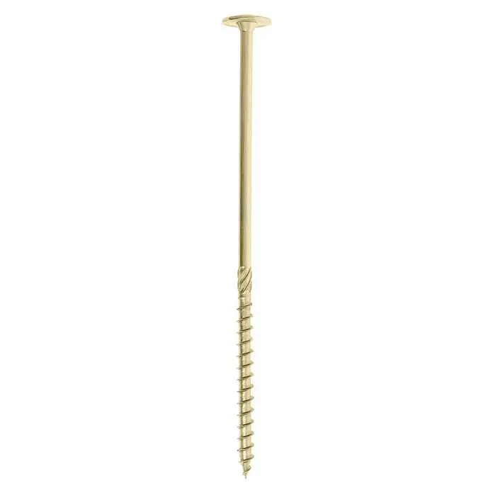 Profi Depot Holzbauschraube TX - Tellerkopf, TX für TORX-Antriebe, 25 Stk., Ø x L: 8 x 200 mm - Das Bild zeigt eine goldene Schraube mit einem flachen Kopf und einem spiralförmigen Gewinde. Ideal für Holzbearbeitung und Befestigungen.