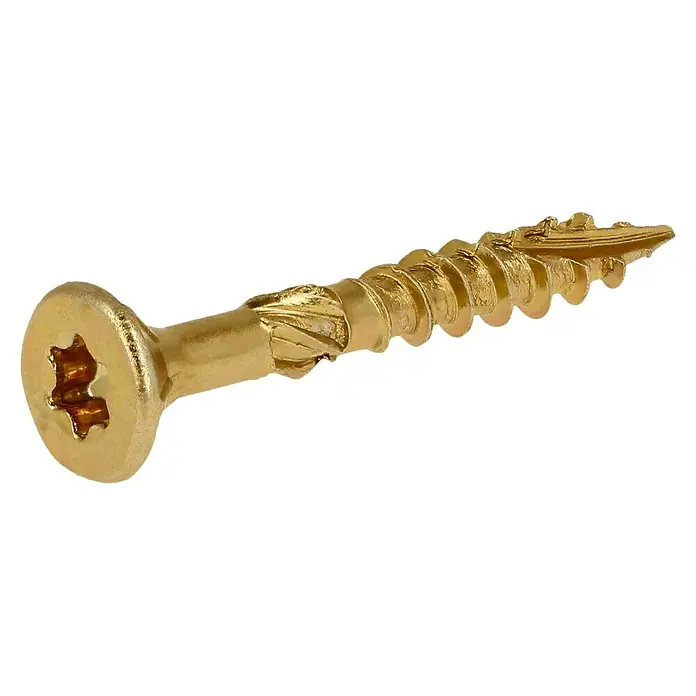 Profi Depot Mehrzweck-Schraube Turbo Drill - Ø x L: 4 x 30 mm, TX für TORX-Antriebe, Senkkopf, 200 Stk. - Nahaufnahme einer einzelnen goldenen Torx-Holzschraube mit scharfen Gewindegängen und einem glatten, goldenen Finish.