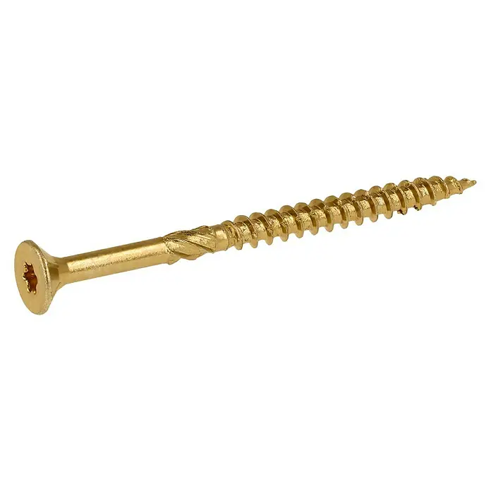 Profi Depot Mehrzweck-Schraube Turbo Drill - Ø x L: 4,5 x 60 mm, TX für TORX-Antriebe, Senkkopf, 100 Stk. - Nahaufnahme einer goldenen Holzschraube mit flachem Kopf und Torx-Antrieb, ideal für verschiedenste Holzbearbeitungsprojekte.