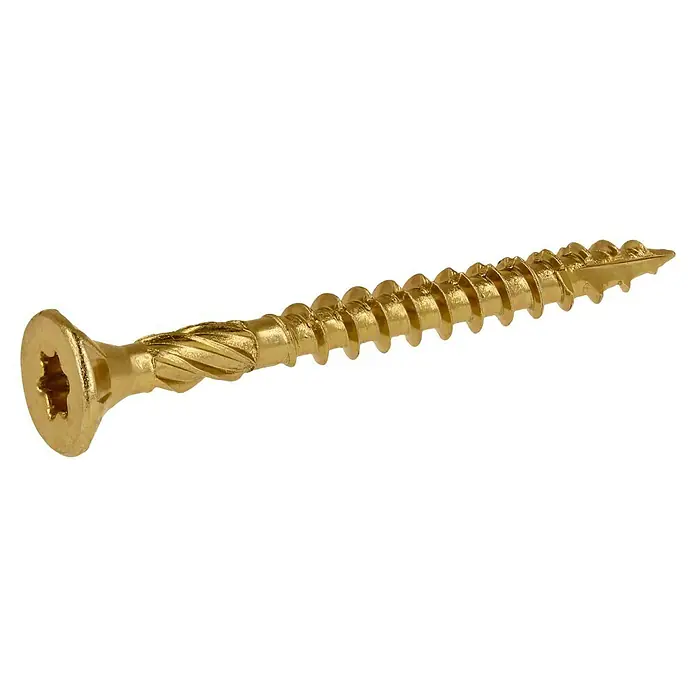 Profi Depot Mehrzweck-Schraube Turbo Drill - Ø x L: 4 x 40 mm, TX für TORX-Antriebe, Senkkopf, 200 Stk. - Nahaufnahme einer goldenen Holzschraube mit Torx-Antrieb, ideal für Holzbearbeitung und Heimwerkerprojekte.