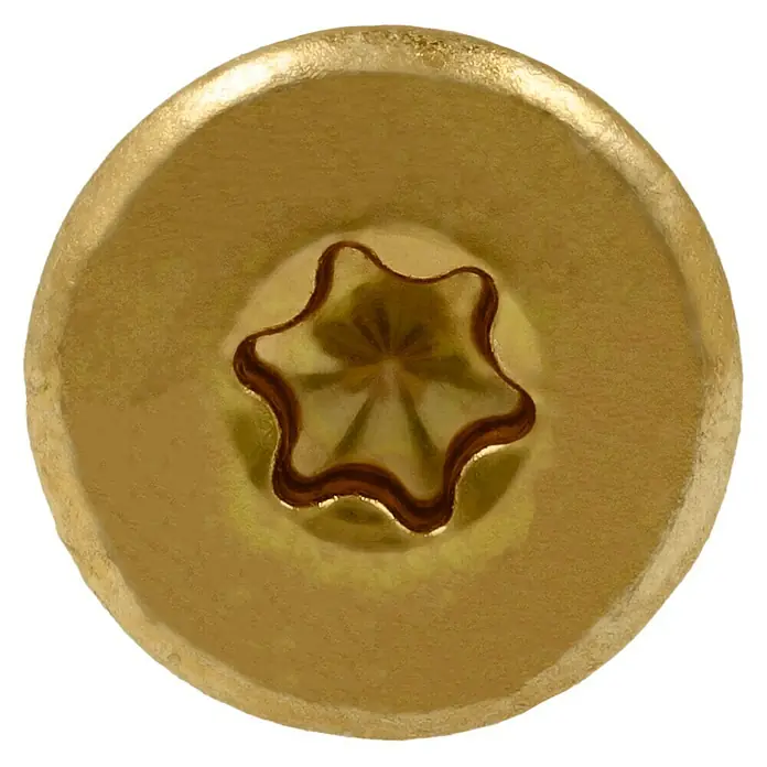Profi Depot Mehrzweck-Schraube Turbo Drill - Ø x L: 5 x 50 mm, TX für TORX-Antriebe, Senkkopf, 100 Stk. - Nahaufnahme einer goldenen Senkkopfschraube mit Torx-Antrieb. Detailaufnahme der Schraube mit dem sternförmigen Bit-Einsatz.