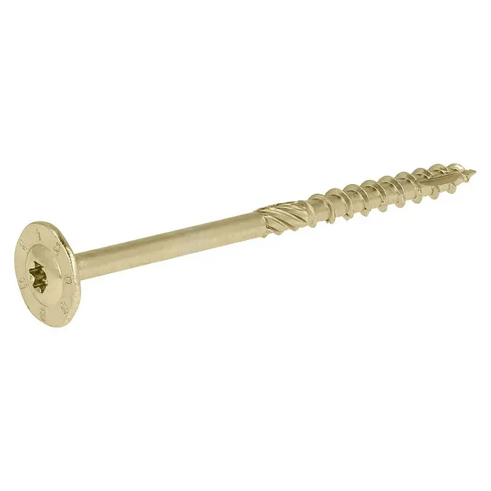 Profi Depot Holzbauschraube TX - Tellerkopf, TX für TORX-Antriebe, 50 Stk., Ø x L: 8 x 120 mm - Nahaufnahme einer goldenen Holzschraube mit Torx-Antrieb, die für starke Verbindungen und präzises Schrauben entwickelt wurde.