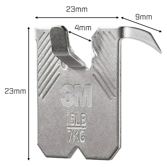 3M Claw Gancho para colgar cuadros - 2 ud., Capacidad de carga: 7 kg - Primer plano de un colgador de cuadros 3M con dimensiones, diseñado para soportar hasta 7 kg, ofreciendo una solución fácil y segura.