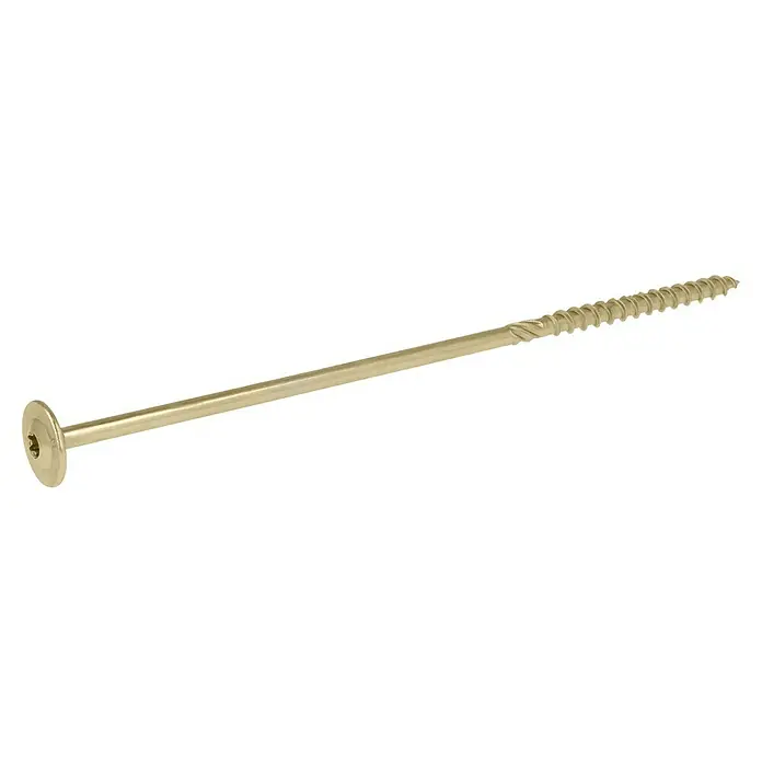 Profi Depot Holzbauschraube TX - Tellerkopf, TX für TORX-Antriebe, 25 Stk., Ø x L: 8 x 240 mm - Nahaufnahme einer einzelnen, langen Senkkopfschraube, die sich ideal für Holzverbindungen eignet. Die Schraube ist goldfarben und hat ein Torx-Antrieb.
