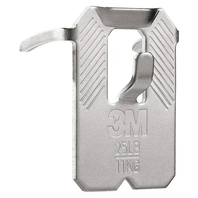 3M Claw Gancho para colgar cuadros - 2 ud., Capacidad de carga: 11 kg - Primer plano de un gancho para colgar cuadros 3M Command, capaz de soportar hasta 11 kg, sobre un fondo negro.