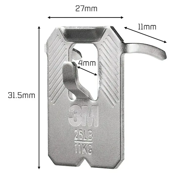 3M Claw Gancho para colgar cuadros - 2 ud., Capacidad de carga: 11 kg - Primer plano de un colgador de cuadros 3M Command con dimensiones. Es ideal para colgar cuadros de forma segura sin daños.