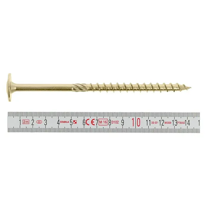 Profi Depot Holzbauschraube TX - Tellerkopf, TX für TORX-Antriebe, 50 Stk., Ø x L: 8 x 140 mm - Nahaufnahme einer goldenen Schraube neben einem Messlineal, das die Länge misst.