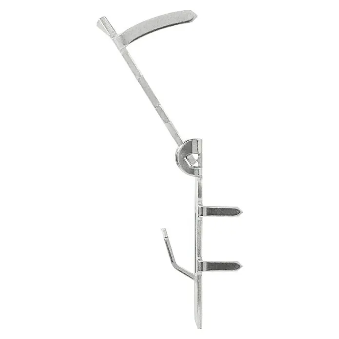 3M Claw Gancho para colgar cuadros - 2 ud., Capacidad de carga: 30 kg - Primer plano de un componente de plástico transparente que se asemeja a una palanca médica o abrazadera, sobre un fondo negro.