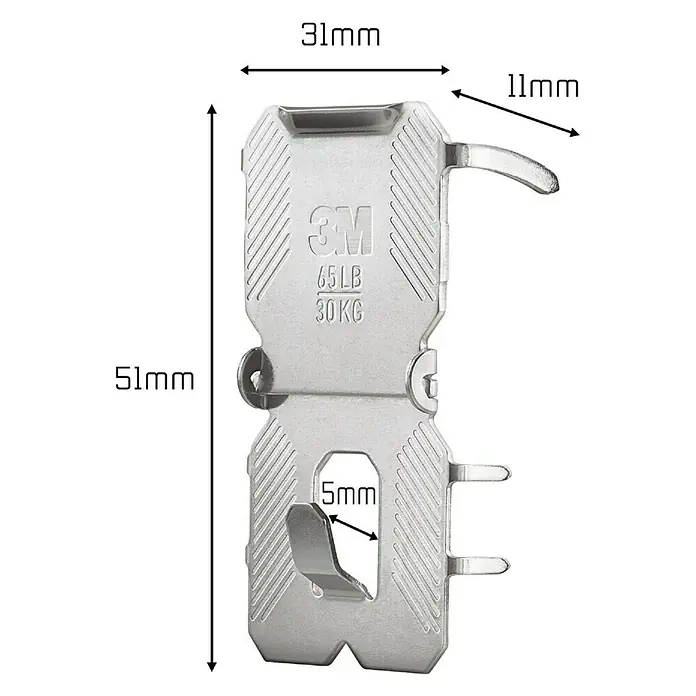 3M Claw Gancho para colgar cuadros - 2 ud., Capacidad de carga: 30 kg - Imagen de un colgador de cuadros 3M con dimensiones. El colgador es plateado y puede soportar hasta 30 kg.