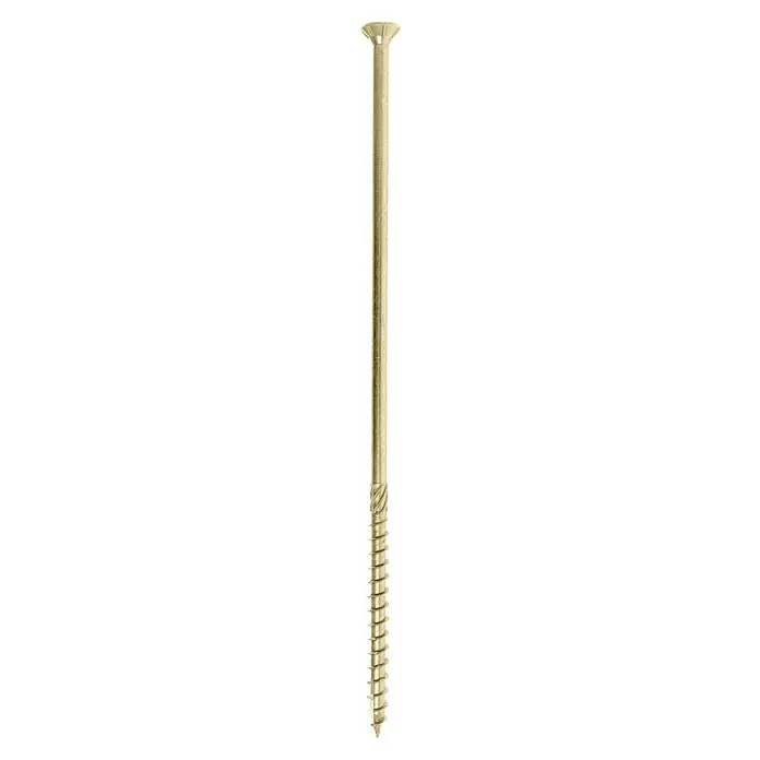 Profi Depot Holzbauschraube TX - Senkkopf, TX für TORX-Antriebe, 25 Stk., Ø x L: 8 x 260 mm - Bild einer goldenen Schraube mit einem flachen Kopf und einem spiralförmigen Gewinde über die gesamte Länge auf schwarzem Hintergrund.