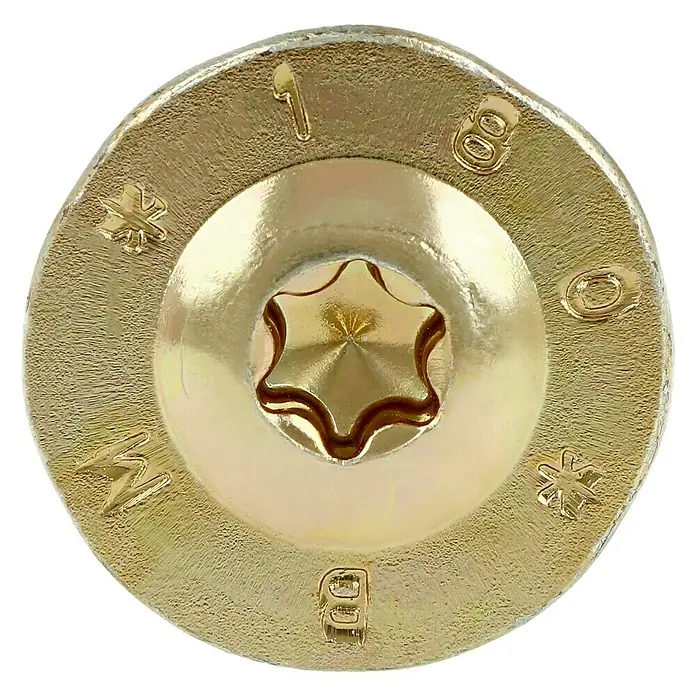 Profi Depot Holzbauschraube TX - Tellerkopf, TX für TORX-Antriebe, 25 Stk., Ø x L: 8 x 180 mm - Nahaufnahme einer goldenen Senkkopfschraube mit Torx-Antrieb, die auf einer schwarzen Oberfläche liegt.