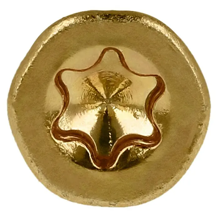 Profi Depot Mehrzweck-Schraube Turbo Drill - Ø x L: 3,5 x 50 mm, TX für TORX-Antriebe, Senkkopf, 200 Stk. - Nahaufnahme einer goldenen Torx-Schraube mit glänzender Oberfläche und präzisem Schraubenkopf.