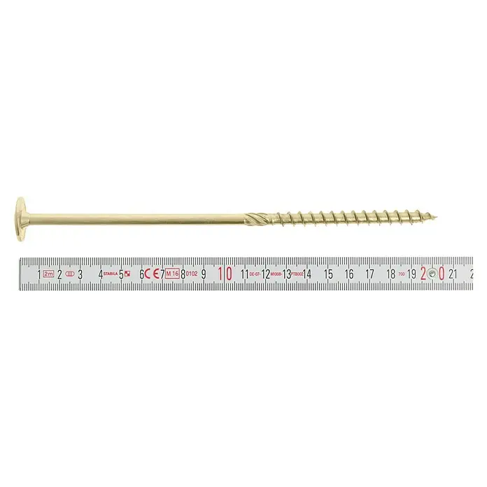 Profi Depot Holzbauschraube TX - Tellerkopf, TX für TORX-Antriebe, 25 Stk., Ø x L: 8 x 200 mm - Nahaufnahme einer langen, goldenen Holzschraube, die neben einem Messlineal liegt.