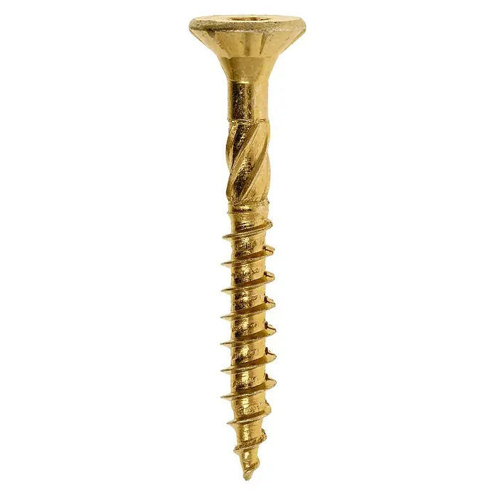 Profi Depot Mehrzweck-Schraube Turbo Drill - Ø x L: 5 x 40 mm, TX für TORX-Antriebe, Senkkopf, 200 Stk. - Nahaufnahme einer goldenen Holzschraube mit scharfem Gewinde und Senkkopf auf schwarzem Hintergrund.