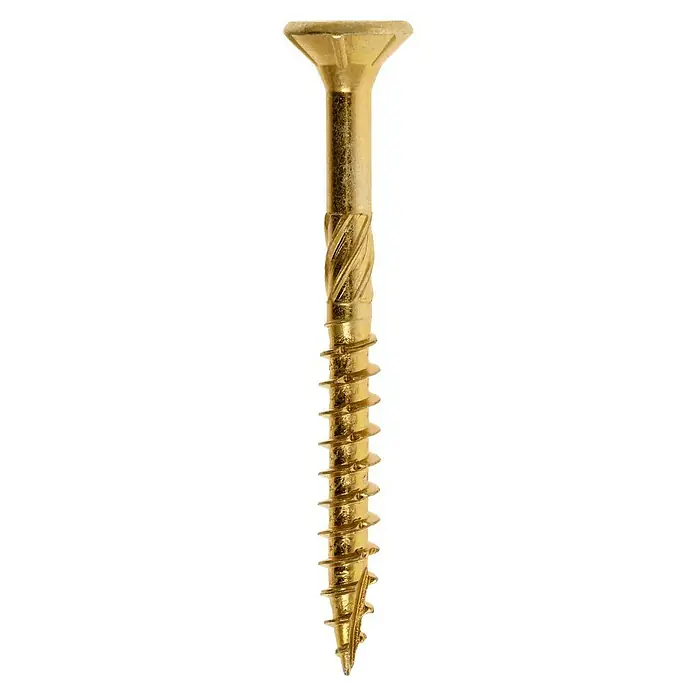 Profi Depot Mehrzweck-Schraube Turbo Drill - Ø x L: 5 x 50 mm, TX für TORX-Antriebe, Senkkopf, 100 Stk. - Detailaufnahme einer goldenen Holzschraube mit scharfem Gewinde und Senkkopf, ideal für präzise Holzverbindungen.