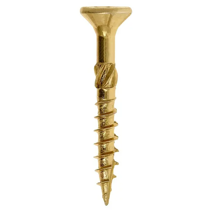Profi Depot Mehrzweck-Schraube Turbo Drill - Ø x L: 4 x 30 mm, TX für TORX-Antriebe, Senkkopf, 200 Stk. - Nahaufnahme einer goldenen Schraube mit scharfem Gewinde und Senkkopf auf schwarzem Hintergrund.