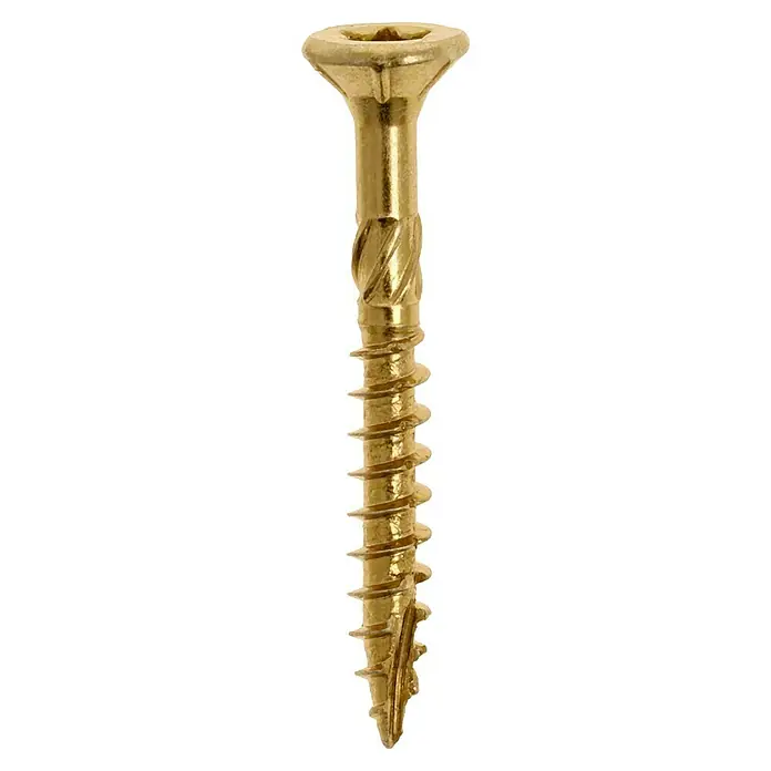 Profi Depot Mehrzweck-Schraube Turbo Drill - Ø x L: 3,5 x 30 mm, TX für TORX-Antriebe, Senkkopf, 200 Stk. - Nahaufnahme einer goldenen Holzschraube mit deutlichen Gewindegängen und einem Schraubenkopf für einen Schraubendreher.