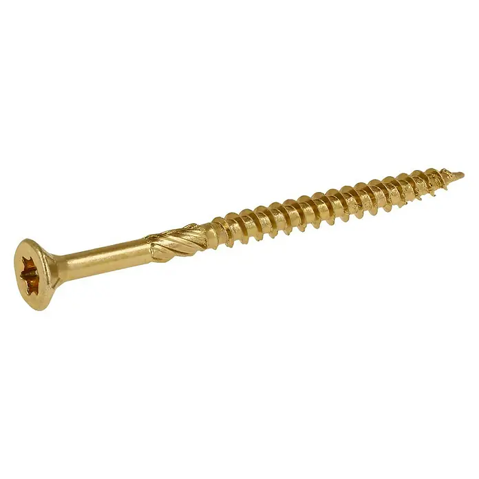 Profi Depot Mehrzweck-Schraube Turbo Drill - Ø x L: 3,5 x 50 mm, TX für TORX-Antriebe, Senkkopf, 200 Stk. - Nahaufnahme einer goldenen Holzschraube mit Torx-Antrieb und scharfen Gewindegängen vor schwarzem Hintergrund.