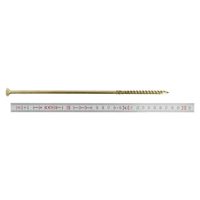Profi Depot Holzbauschraube TX - Senkkopf, TX für TORX-Antriebe, 25 Stk., Ø x L: 8 x 280 mm - Nahaufnahme einer langen, goldenen Holzschraube neben einem Messlineal, das eine Länge von etwa 30 cm anzeigt.