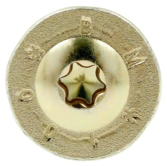 Profi Depot Holzbauschraube TX - Tellerkopf, TX für TORX-Antriebe, 50 Stk., Ø x L: 8 x 100 mm - Nahaufnahme einer goldenen Torx-Schraube mit der Aufschrift "BOHL". Ideal für detaillierte Produktansichten und technische Illustrationen.