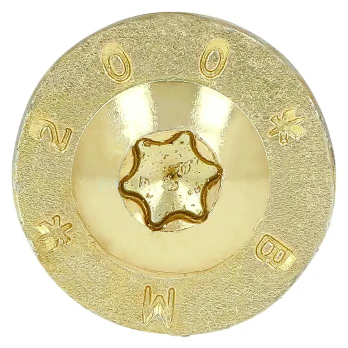 Profi Depot Holzbauschraube TX - Tellerkopf, TX für TORX-Antriebe, 25 Stk., Ø x L: 8 x 200 mm - Nahaufnahme einer goldenen Torx-Schraube mit Herstellerlogos am Rand.