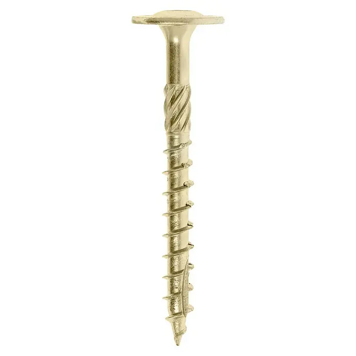 Profi Depot Holzbauschraube TX - Tellerkopf, TX für TORX-Antriebe, 50 Stk., Ø x L: 8 x 80 mm - Nahaufnahme einer goldenen Schraube mit flachem Kopf und Schraubgewinde. Die Schraube ist für Befestigungen im Bauwesen konzipiert.