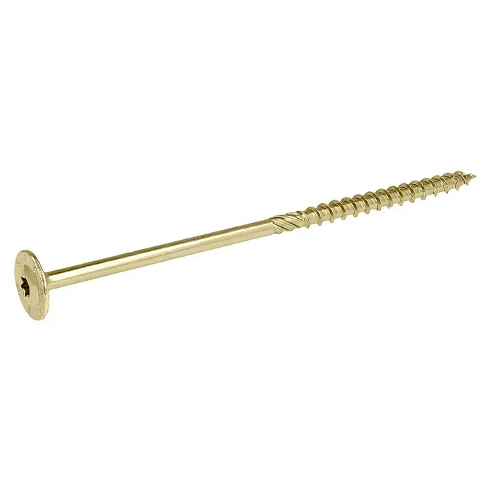 Profi Depot Holzbauschraube TX - Tellerkopf, TX für TORX-Antriebe, 25 Stk., Ø x L: 8 x 180 mm - Nahaufnahme einer goldenen Holzschraube mit flachem Kopf und Kreuzschlitz, ideal für Holzbearbeitung und Heimwerkerprojekte.