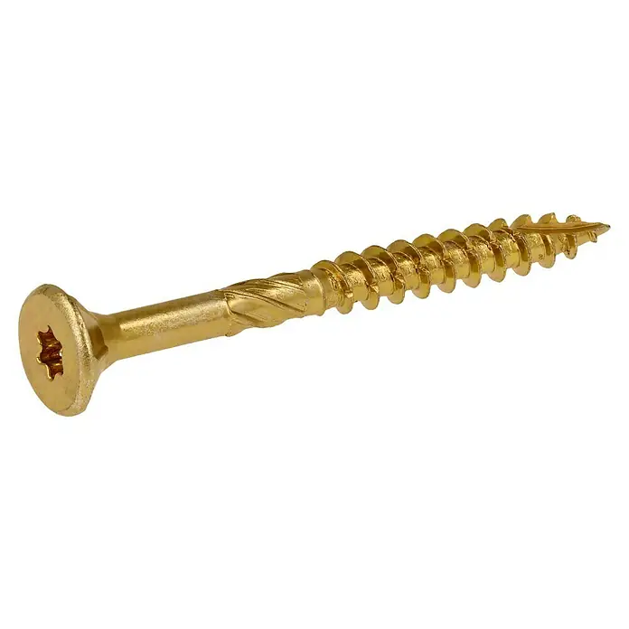Profi Depot Mehrzweck-Schraube Turbo Drill - Ø x L: 5 x 50 mm, TX für TORX-Antriebe, Senkkopf, 100 Stk. - Nahaufnahme einer goldfarbenen Holzschraube mit Torx-Antrieb und scharfen Gewindegängen, ideal für sichere und dauerhafte Befestigungen.