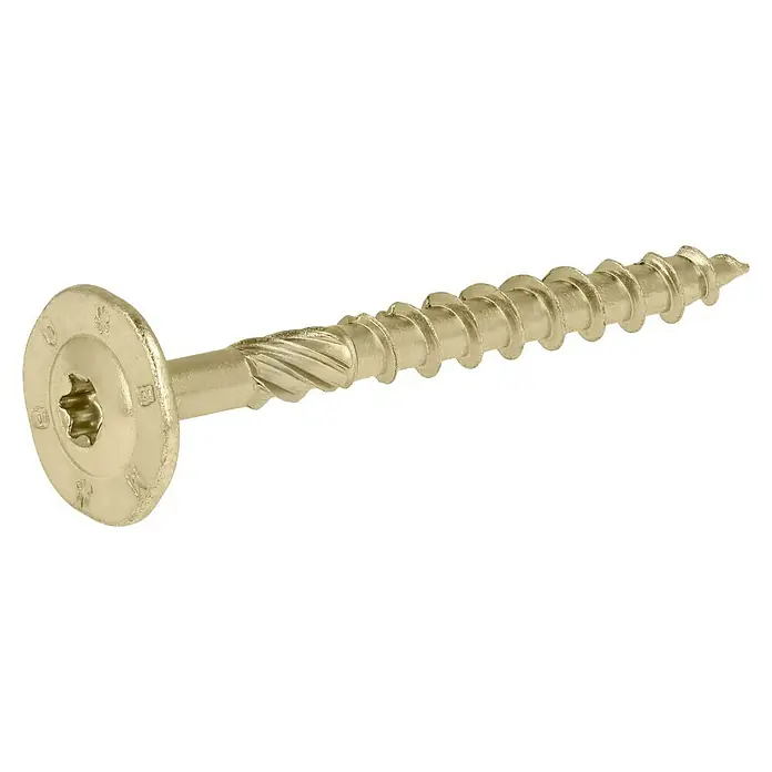 Profi Depot Holzbauschraube TX - Tellerkopf, TX für TORX-Antriebe, 50 Stk., Ø x L: 8 x 80 mm - Nahaufnahme einer goldenen Holzschraube mit Torx-Antrieb und flachem Kopf, ideal für präzise Holzverbindungen.