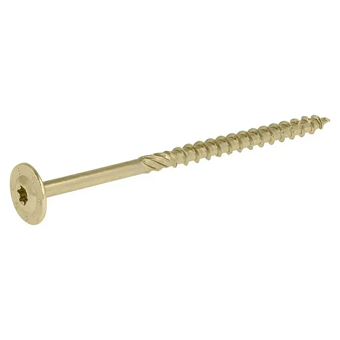 Profi Depot Holzbauschraube TX - Tellerkopf, TX für TORX-Antriebe, 50 Stk., Ø x L: 8 x 140 mm - Nahaufnahme einer goldenen Holzschraube mit Torx-Antrieb und Teilgewinde, ideal für Holzverbindungen und Bauprojekte.