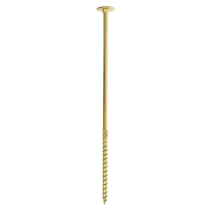 Profi Depot Holzbauschraube TX - Tellerkopf, TX für TORX-Antriebe, 25 Stk., Ø x L: 8 x 240 mm - Nahaufnahme einer goldenen Holzschraube mit flachem Kopf und grobem Gewinde auf schwarzem Hintergrund. Ideal für Holzkonstruktionen.
