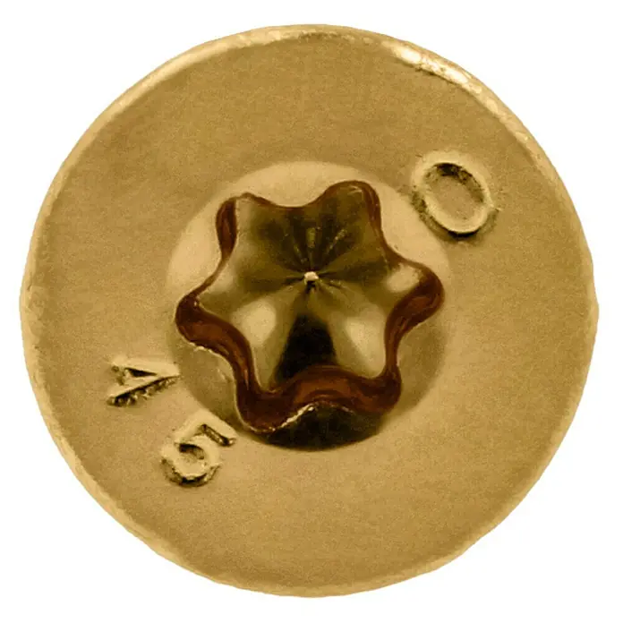 Profi Depot Mehrzweck-Schraube Turbo Drill - Ø x L: 4,5 x 45 mm, TX für TORX-Antriebe, Senkkopf, 200 Stk. - Nahaufnahme eines goldenen Torx-Schraubenkopfes mit den Zahlen 5 und 0, der das robuste Design und die präzise Verarbeitung des Produkts hervorhebt.