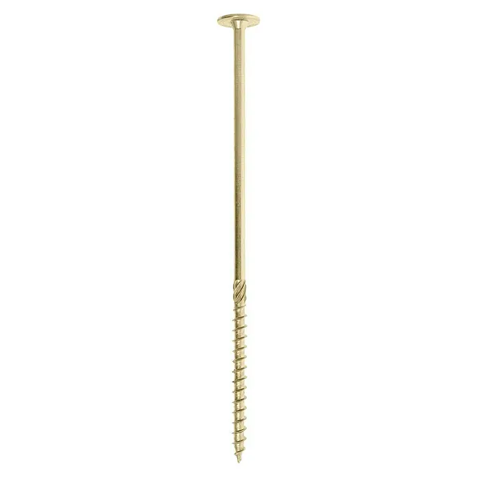 Profi Depot Holzbauschraube TX - Tellerkopf, TX für TORX-Antriebe, 25 Stk., Ø x L: 8 x 220 mm - Nahaufnahme einer Senkkopfschraube in Goldoptik mit einem flachen Kopf und einem Gewinde, das sich bis zur Spitze erstreckt.