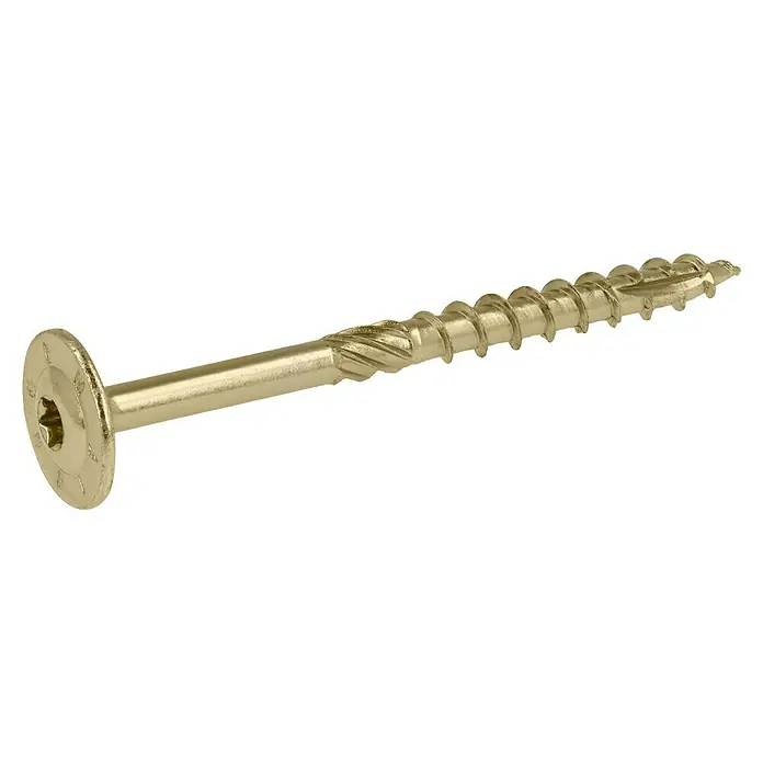 Profi Depot Holzbauschraube TX - Tellerkopf, TX für TORX-Antriebe, 50 Stk., Ø x L: 8 x 100 mm - Nahaufnahme einer goldenen Holzschraube mit Senkkopf und Torx-Antrieb, ideal für Holzkonstruktionen und Heimwerkerprojekte.