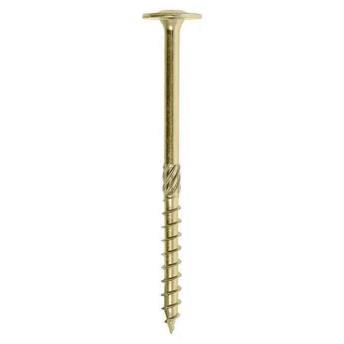 Profi Depot Holzbauschraube TX - Tellerkopf, TX für TORX-Antriebe, 50 Stk., Ø x L: 8 x 120 mm - Nahaufnahme einer goldenen Holzschraube mit flachem Kopf und Gewinde. Ideal für Holzverbindungen.