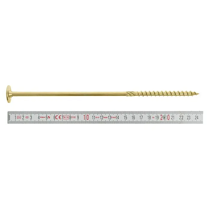 Profi Depot Holzbauschraube TX - Tellerkopf, TX für TORX-Antriebe, 25 Stk., Ø x L: 8 x 240 mm - Nahaufnahme einer langen, goldfarbenen Holzschraube, die neben einem Messlineal liegt, zur Größenbestimmung.