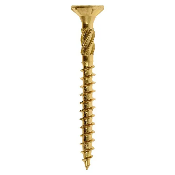 Profi Depot Mehrzweck-Schraube Turbo Drill - Ø x L: 4 x 40 mm, TX für TORX-Antriebe, Senkkopf, 200 Stk. - Nahaufnahme einer einzelnen goldenen Holzschraube mit scharfen Gewinden, die auf einem schwarzen Hintergrund vertikal ausgerichtet ist.