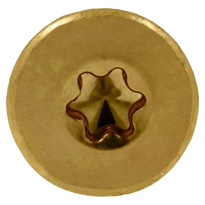 Profi Depot Mehrzweck-Schraube Turbo Drill - Ø x L: 5 x 60 mm, TX für TORX-Antriebe, Senkkopf, 100 Stk. - Nahaufnahme eines Torx-Schraubenkopfes in Goldfarbe.