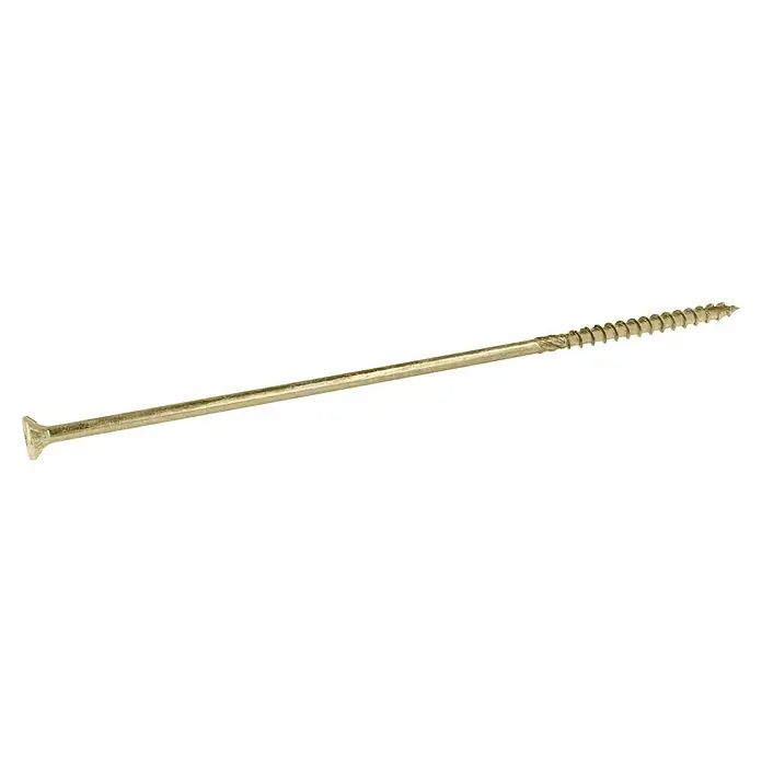 Profi Depot Holzbauschraube TX - Senkkopf, TX für TORX-Antriebe, 25 Stk., Ø x L: 8 x 280 mm - Nahaufnahme einer einzelnen goldenen Holzschraube, die für Tischler- und Bauprojekte verwendet wird.