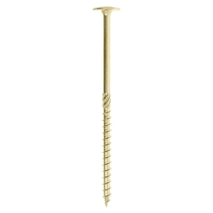 Profi Depot Holzbauschraube TX - Tellerkopf, TX für TORX-Antriebe, 25 Stk., Ø x L: 8 x 160 mm - Nahaufnahme einer goldenen Schraube mit einem breiten Kopf und einem spiralförmigen Gewinde über die gesamte Länge.