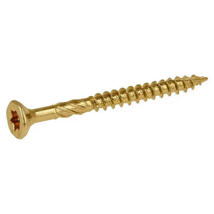 Profi Depot Mehrzweck-Schraube Turbo Drill - Ø x L: 3,5 x 40 mm, TX für TORX-Antriebe, Senkkopf, 200 Stk. - Nahaufnahme einer goldenen Holzschraube mit Torx-Antrieb und scharfen Gewindegängen auf schwarzem Hintergrund.