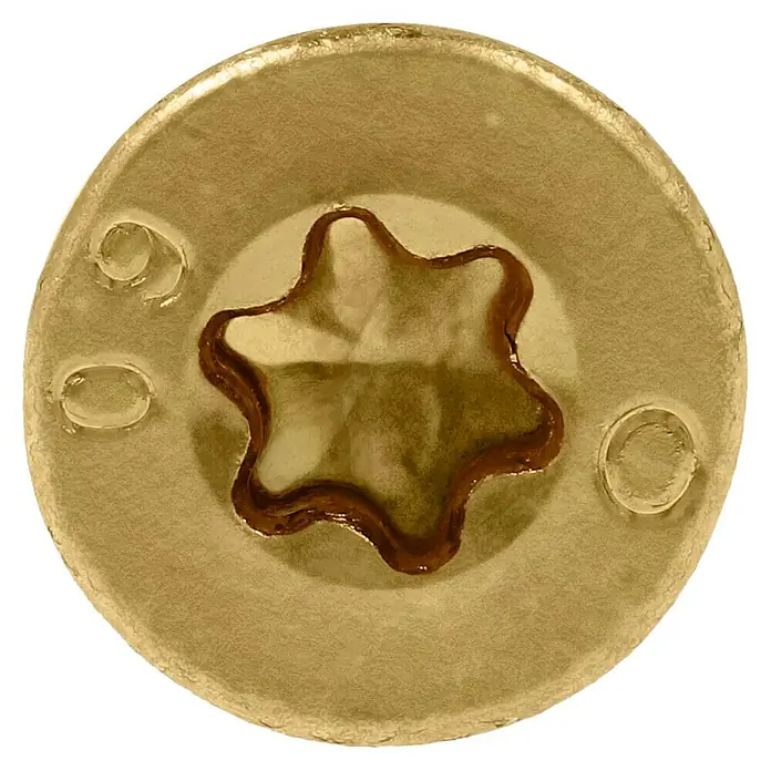 Profi Depot Mehrzweck-Schraube Turbo Drill - Ø x L: 6 x 60 mm, TX für TORX-Antriebe, Senkkopf, 100 Stk. - Nahaufnahme einer goldenen Schraube mit Torx-Antrieb und der Zahl 90. Das Bild zeigt Details der Schraubenoberfläche.