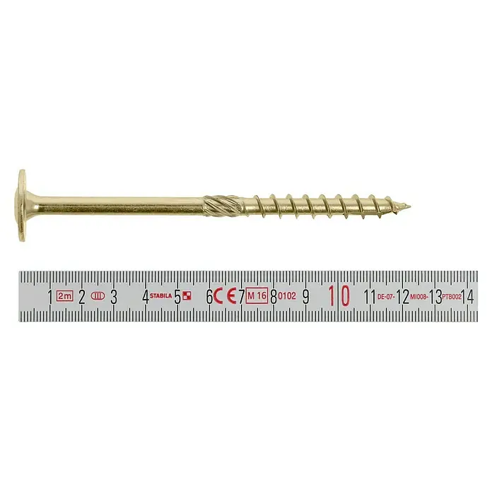 Profi Depot Holzbauschraube TX - Tellerkopf, TX für TORX-Antriebe, 50 Stk., Ø x L: 8 x 120 mm - Nahaufnahme einer goldenen Holzbauschraube mit metrischer Messskala zur Größenbestimmung, ideal für Bau- und Renovierungsprojekte.