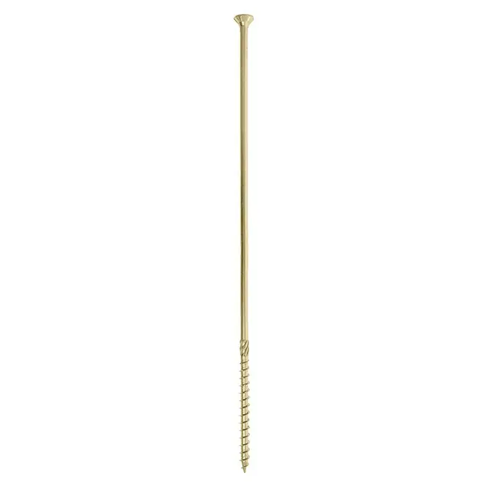 Profi Depot Holzbauschraube TX - Senkkopf, TX für TORX-Antriebe, 25 Stk., Ø x L: 8 x 320 mm - Nahaufnahme einer goldfarbenen Schraube mit einem flachen Kopf und einem spiralförmigen Gewinde vor einem schwarzen Hintergrund.