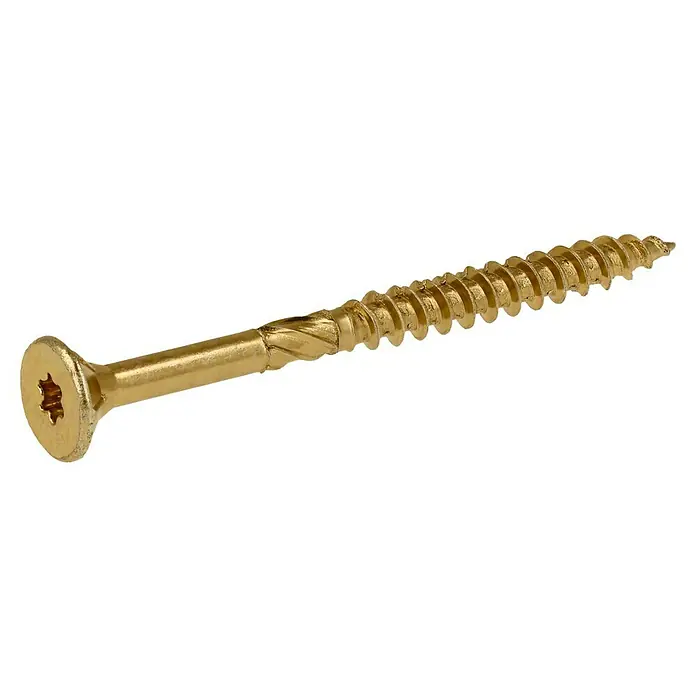 Profi Depot Mehrzweck-Schraube Turbo Drill - Ø x L: 5 x 60 mm, TX für TORX-Antriebe, Senkkopf, 100 Stk. - Nahaufnahme einer goldenen Holzschraube mit Torx-Antrieb. Das Gewinde ist deutlich zu sehen und die Schraube liegt vor schwarzem Hintergrund.