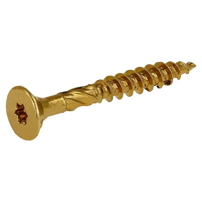 Profi Depot Mehrzweck-Schraube Turbo Drill - Ø x L: 5 x 40 mm, TX für TORX-Antriebe, Senkkopf, 200 Stk. - Detailaufnahme einer goldenen Senkkopfschraube mit Torx-Antrieb, die sich ideal für Holzverbindungen eignet.