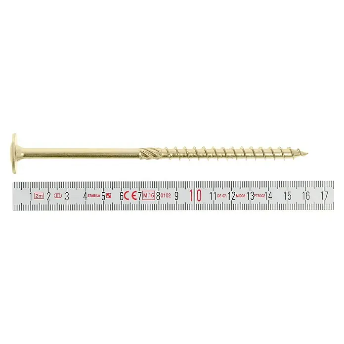 Profi Depot Holzbauschraube TX - Tellerkopf, TX für TORX-Antriebe, 25 Stk., Ø x L: 8 x 160 mm - Nahaufnahme einer langen, goldenen Holzschraube mit einem Metermaß zur Größenorientierung.