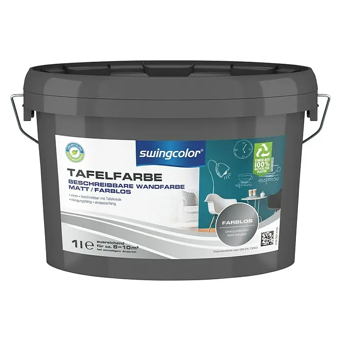 swingcolor Tafelfarbe - Farblos, 1 l, Matt - Dose Swingcolor Tafelfarbe, eine matte, farblose Wandfarbe, beschreibbar mit Tafelkreide, ideal für kreative Wandgestaltung.