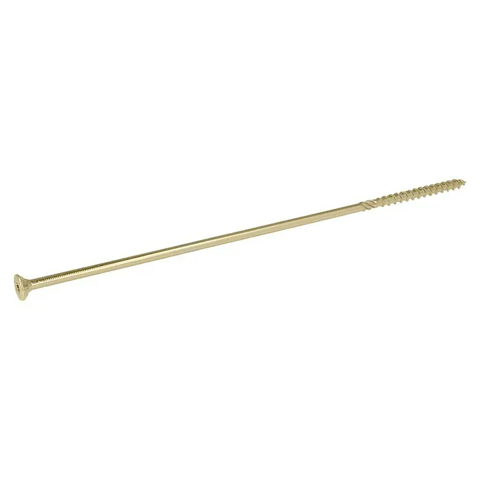 Profi Depot Holzbauschraube TX - Senkkopf, TX für TORX-Antriebe, 25 Stk., Ø x L: 8 x 320 mm - Detailaufnahme einer einzelnen Senkkopfschraube in Gold, die für Holzkonstruktionen und DIY-Projekte geeignet ist.