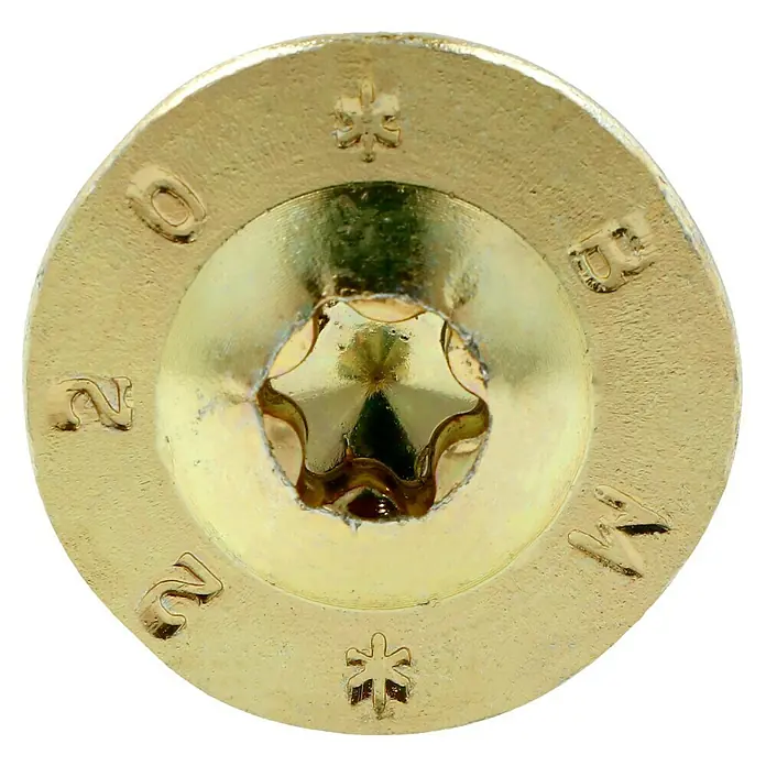 Profi Depot Holzbauschraube TX - Tellerkopf, TX für TORX-Antriebe, 25 Stk., Ø x L: 8 x 220 mm - Nahaufnahme einer goldenen Senkkopfschraube mit Torx-Antrieb und Beschriftung am Rand.